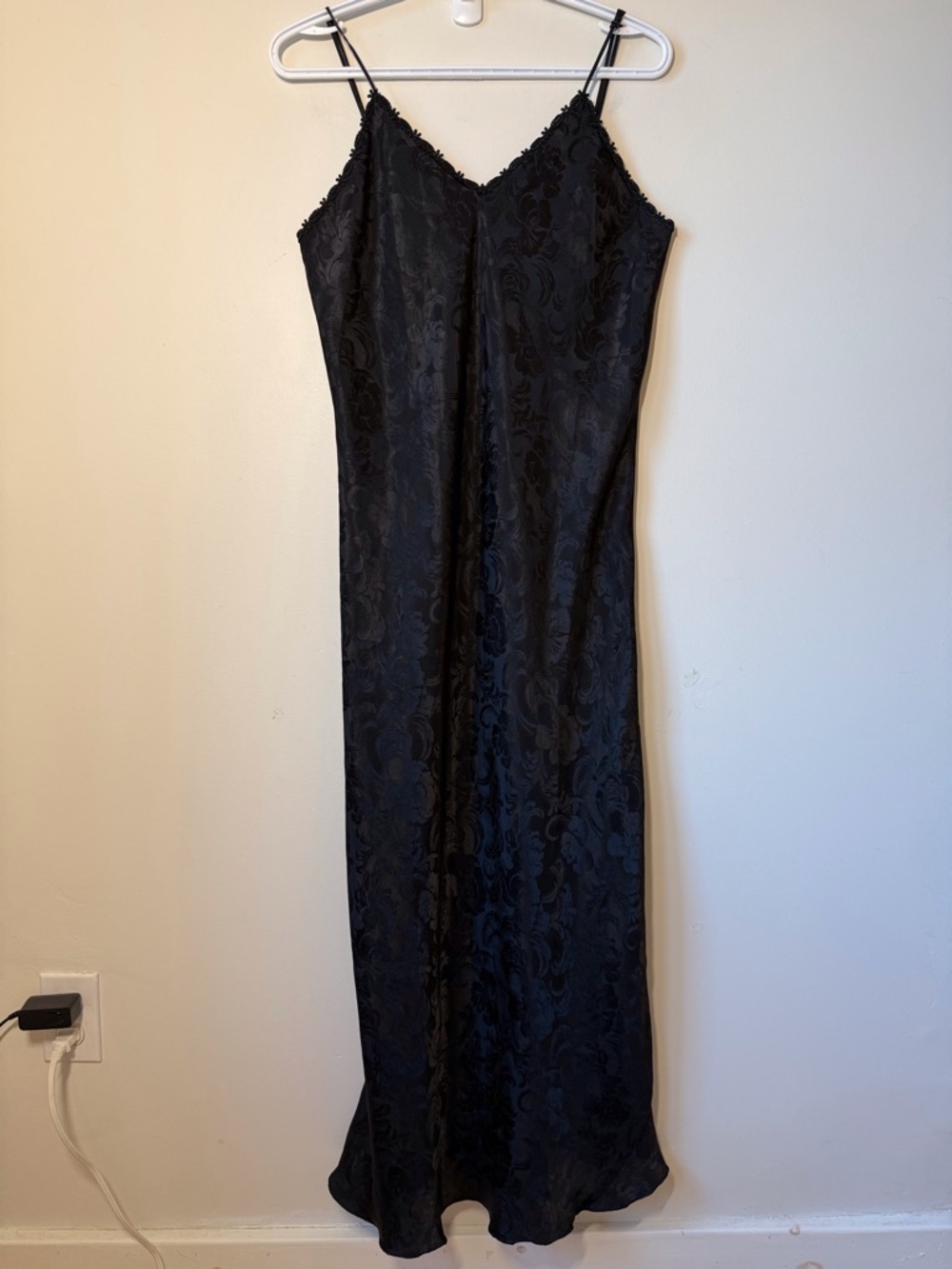 Silk and Satin black maxi slip dress tonal subtle floral print adjustable straps